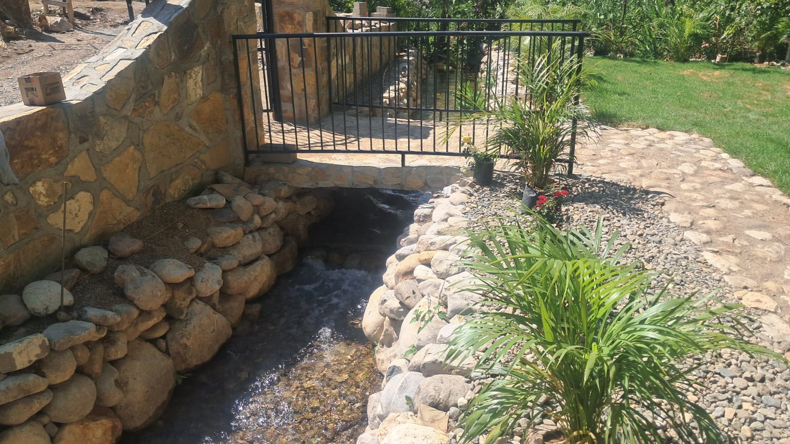 Fuente de piedra fluyendo entre palmeras y flores
